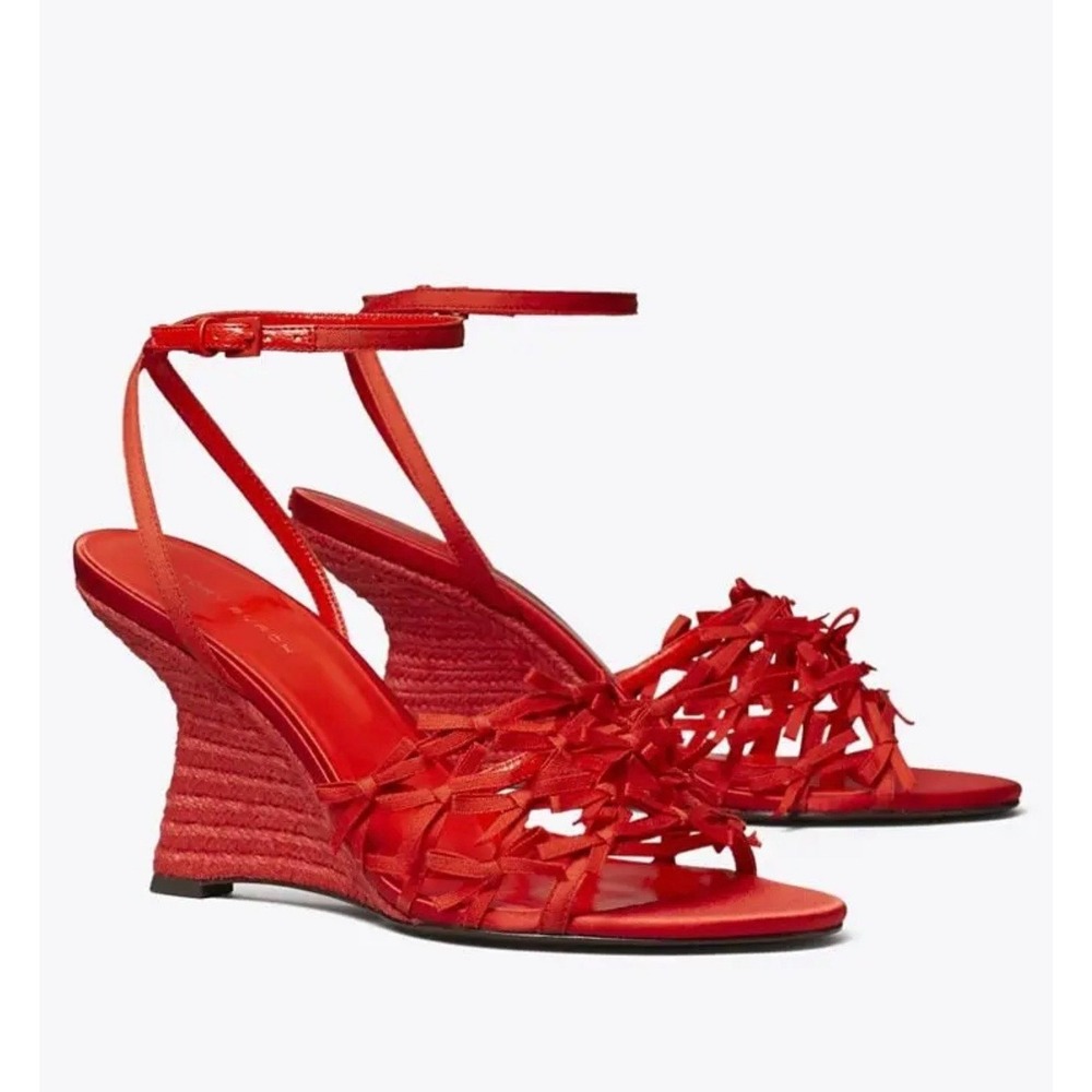 Tory Burch Mini Bow Red Espadrille Wedges shoes 9 1/2 9.5